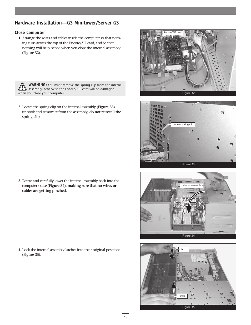 Hardware installation—g3 minitower/server g3, Close computer | Sonnet Technologies Encore_ZIF 1.0 GHz Processor Upgrade User Manual | Page 12 / 28
