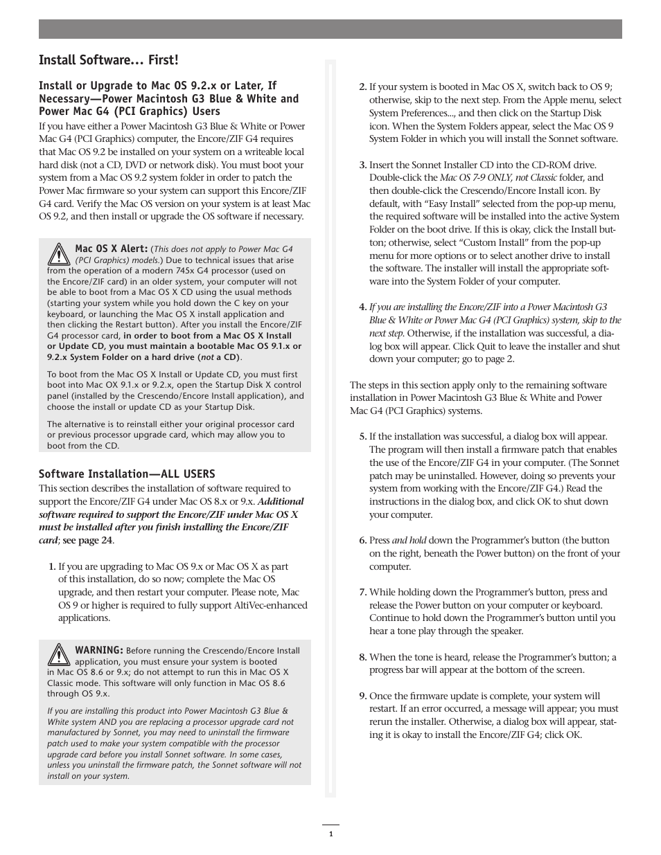 Install software… first | Sonnet Technologies Encore_ZIF 1.0 GHz Processor Upgrade User Manual | Page 3 / 28
