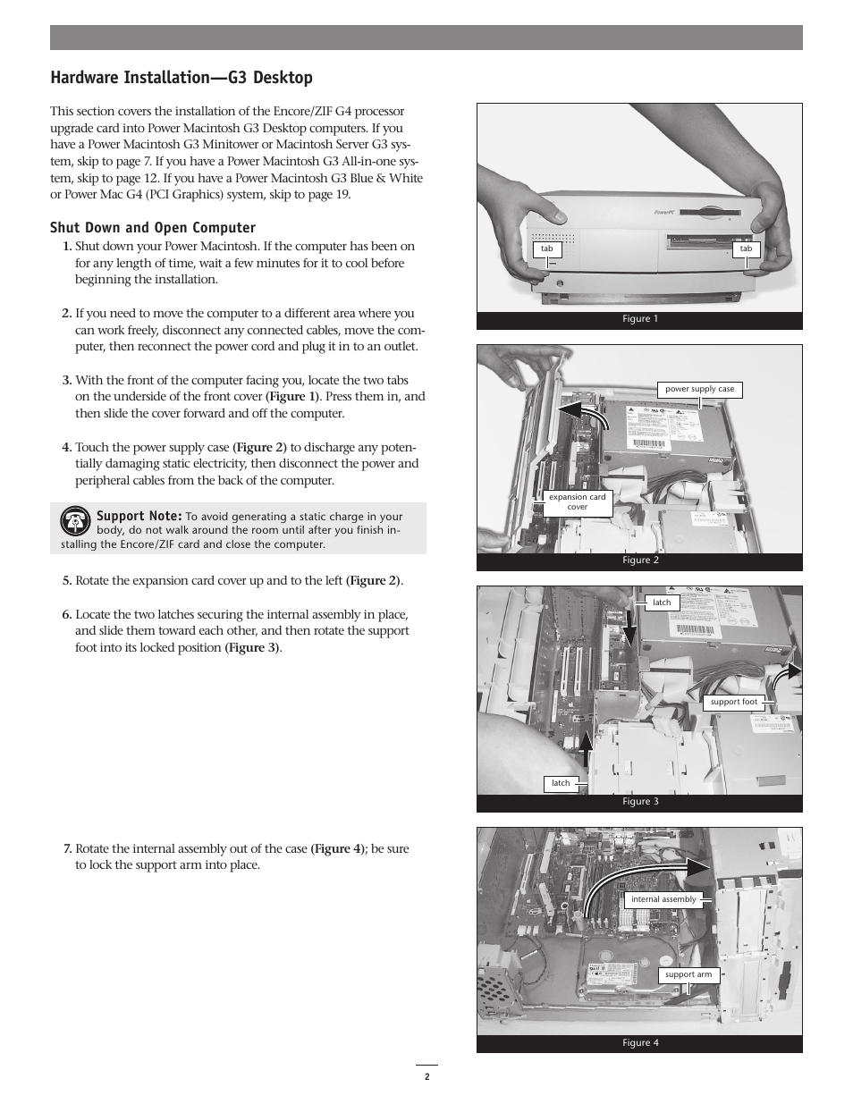 Hardware installation—g3 desktop, Shut down and open computer | Sonnet Technologies Encore_ZIF 1.0 GHz Processor Upgrade User Manual | Page 4 / 28