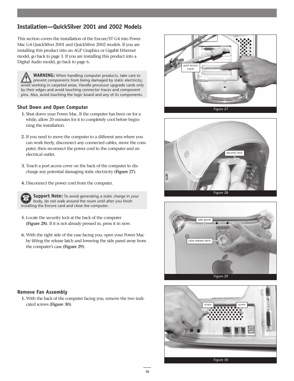 Shut down and open computer, Remove fan assembly | Sonnet Technologies Encore_ST G4 1.8 Ghz Processor Upgrade Card User Manual | Page 12 / 15