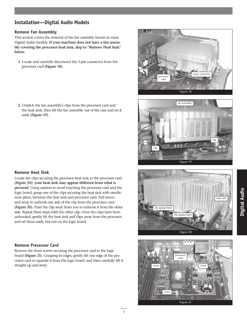 Installation—digital audio models, Di gi ta l a ud io, Remove fan assembly | Remove heat sink, Remove processor card | Sonnet Technologies Encore_ST G4 1.8 Ghz Processor Upgrade Card User Manual | Page 9 / 15