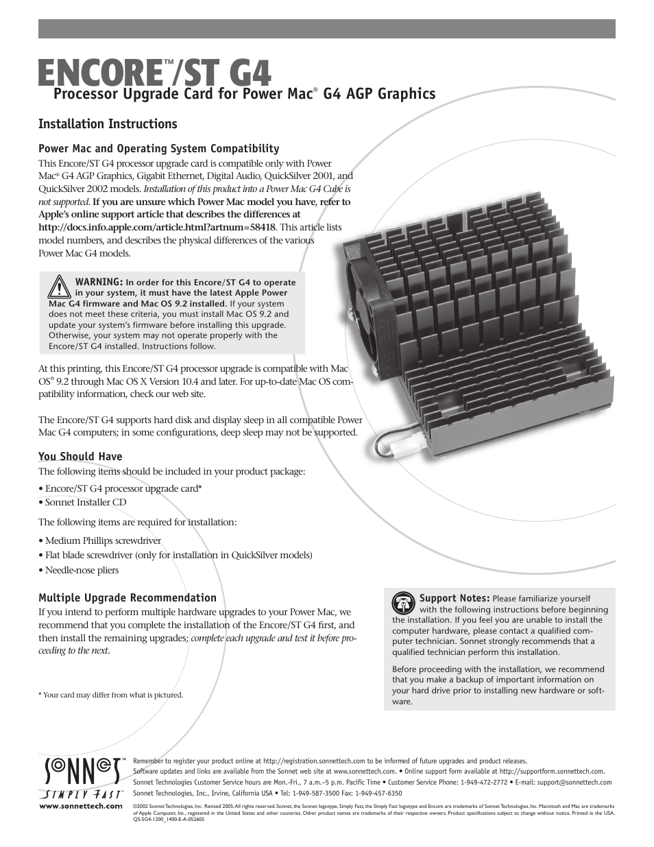Sonnet Technologies Encore_ST G4 (1.4 GHz and Slower) Processor Ugrade Card User Manual | 15 pages
