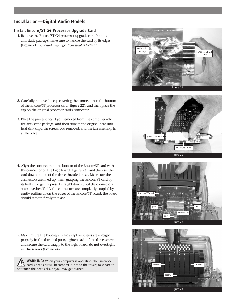 Installation—digital audio models, Install encore/st g4 processor upgrade card | Sonnet Technologies Encore_ST G4 (1.4 GHz and Slower) Processor Ugrade Card User Manual | Page 10 / 15