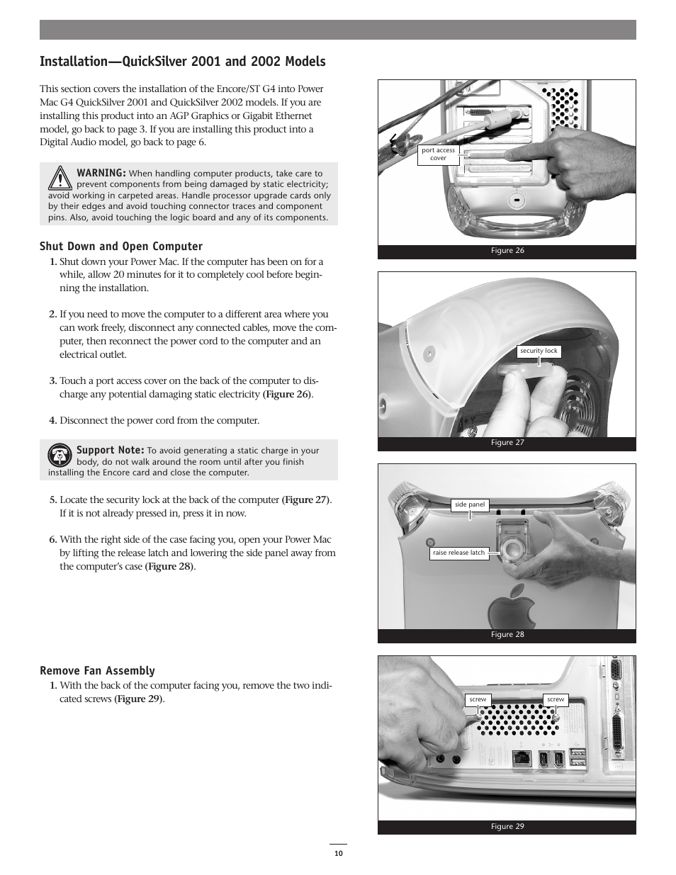 Shut down and open computer, Remove fan assembly | Sonnet Technologies Encore_ST G4 (1.4 GHz and Slower) Processor Ugrade Card User Manual | Page 12 / 15