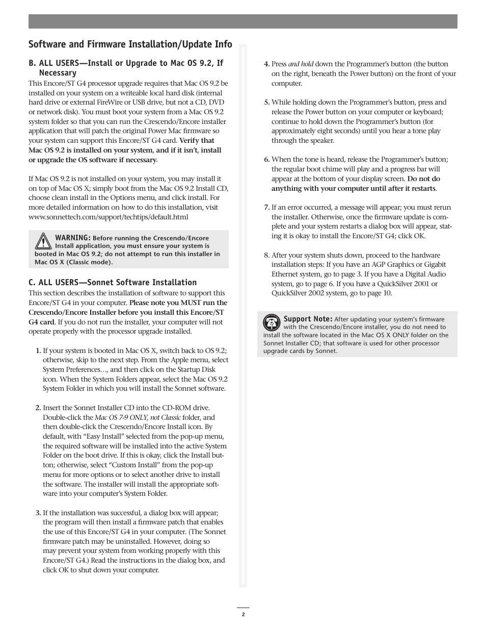 Software and firmware installation/update info | Sonnet Technologies Encore_ST G4 (1.4 GHz and Slower) Processor Ugrade Card User Manual | Page 4 / 15