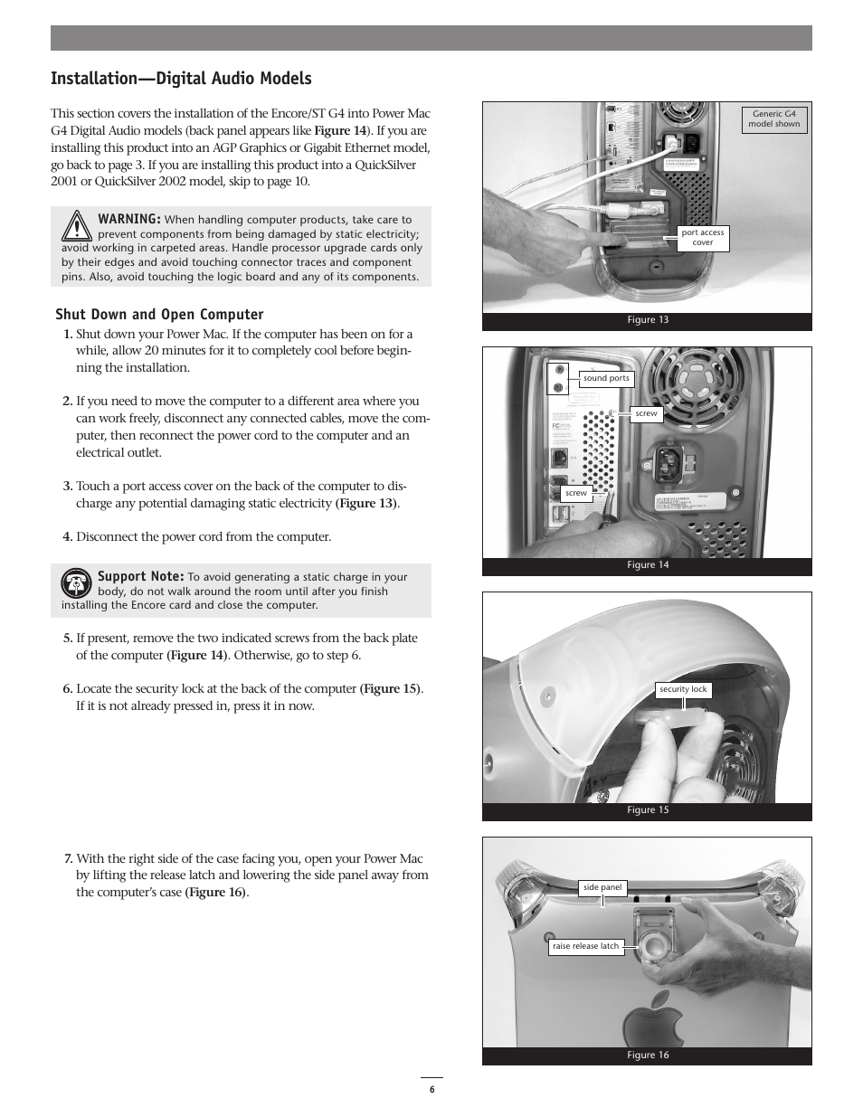 Installation—digital audio models, Shut down and open computer | Sonnet Technologies Encore_ST G4 (1.4 GHz and Slower) Processor Ugrade Card User Manual | Page 8 / 15