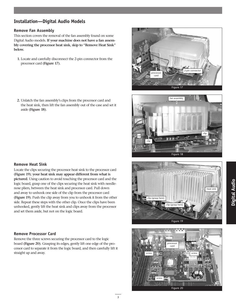 Installation—digital audio models, Di gi ta l a ud io, Remove fan assembly | Remove heat sink, Remove processor card | Sonnet Technologies Encore_ST G4 (1.4 GHz and Slower) Processor Ugrade Card User Manual | Page 9 / 15