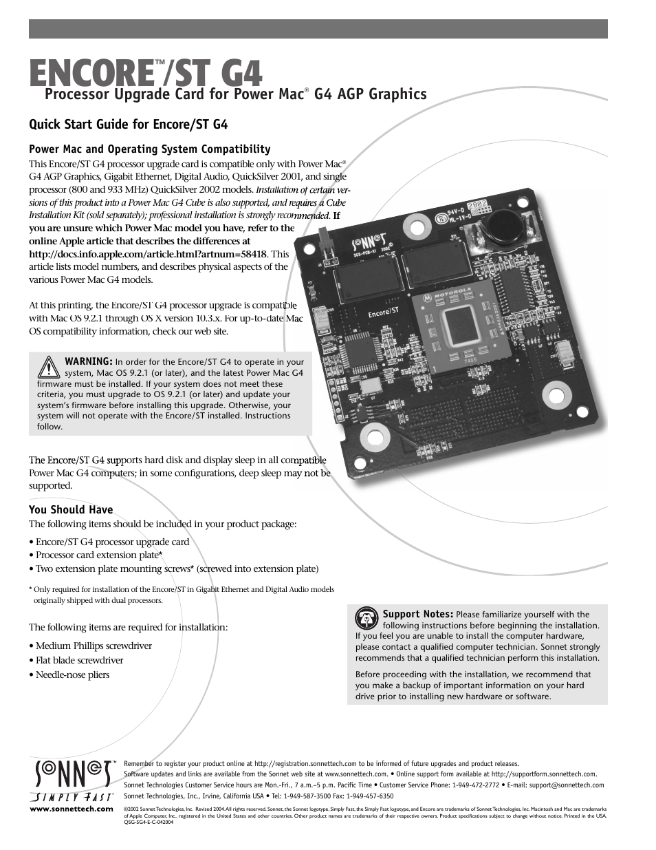 Sonnet Technologies Encore_ST G4 (With No Heatsink) Processor Upgrade Card User Manual | 16 pages
