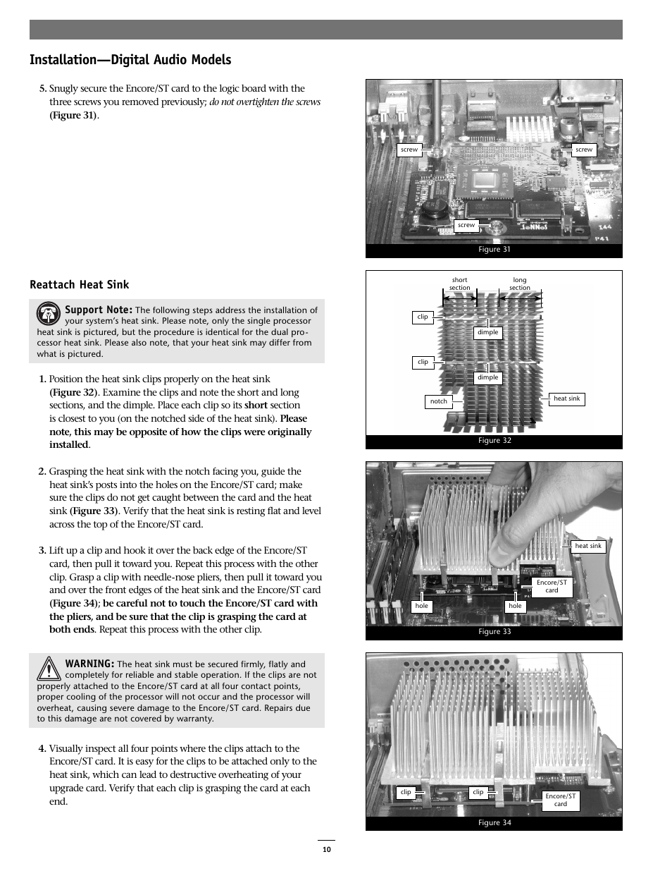 Installation—digital audio models, Reattach heat sink, Warning | Sonnet Technologies Encore_ST G4 (With No Heatsink) Processor Upgrade Card User Manual | Page 10 / 16