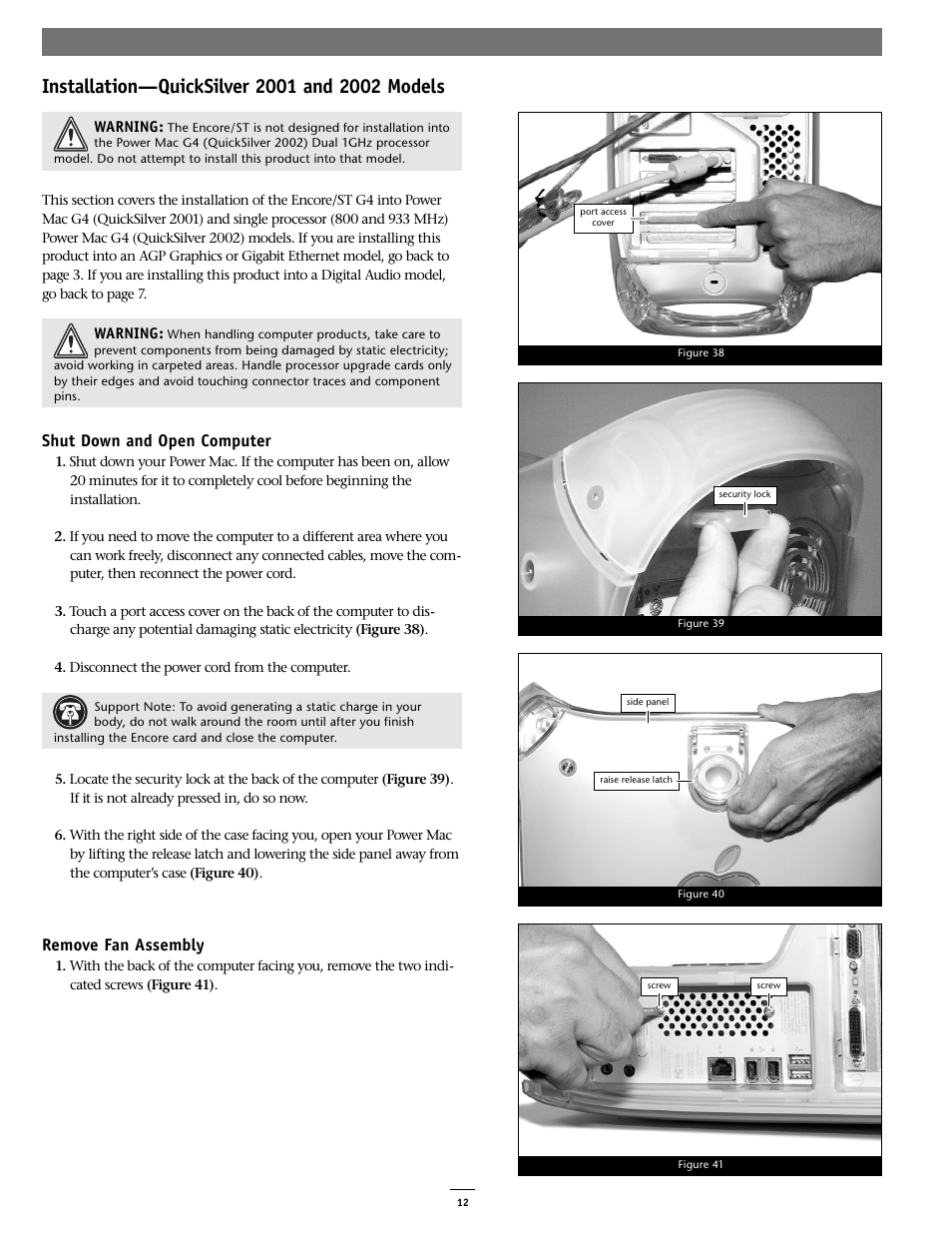 Shut down and open computer, Remove fan assembly | Sonnet Technologies Encore_ST G4 (With No Heatsink) Processor Upgrade Card User Manual | Page 12 / 16