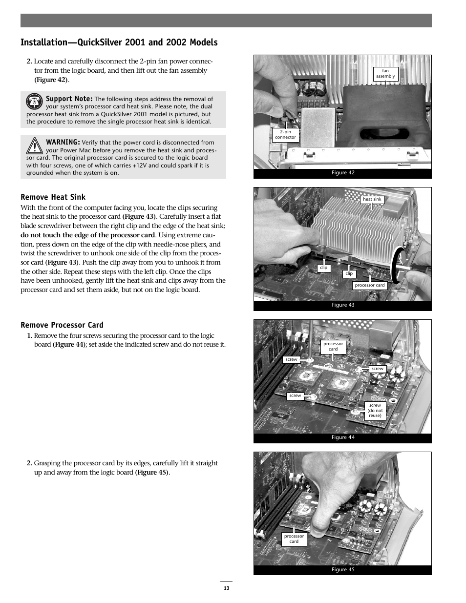 Remove heat sink, Remove processor card, Warning | Sonnet Technologies Encore_ST G4 (With No Heatsink) Processor Upgrade Card User Manual | Page 13 / 16
