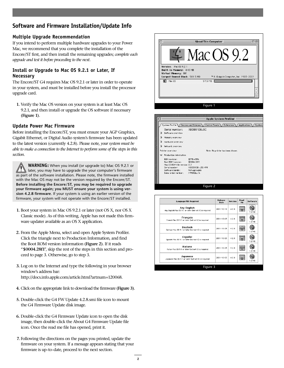 Software and firmware installation/update info | Sonnet Technologies Encore_ST G4 (With No Heatsink) Processor Upgrade Card User Manual | Page 2 / 16