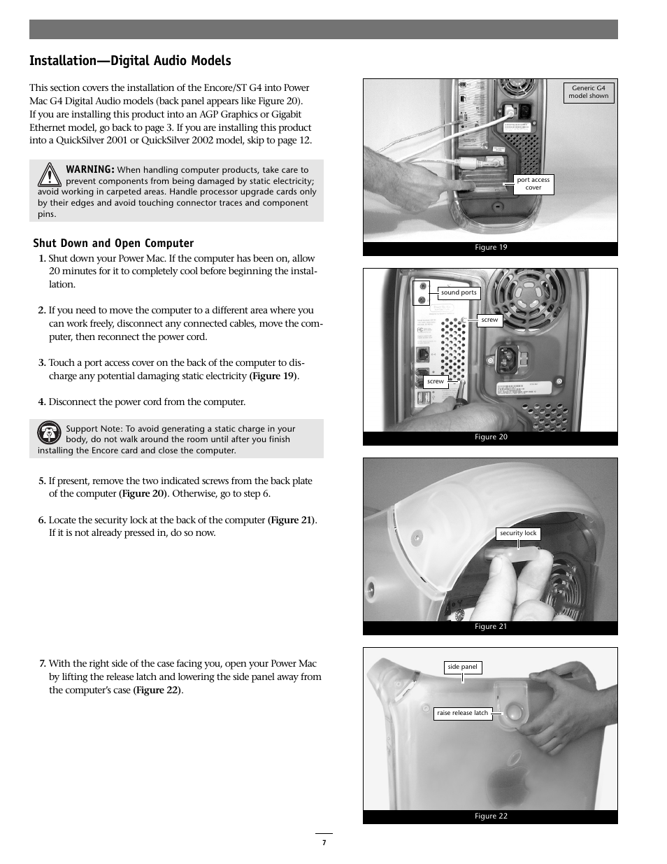 Installation—digital audio models, Shut down and open computer | Sonnet Technologies Encore_ST G4 (With No Heatsink) Processor Upgrade Card User Manual | Page 7 / 16