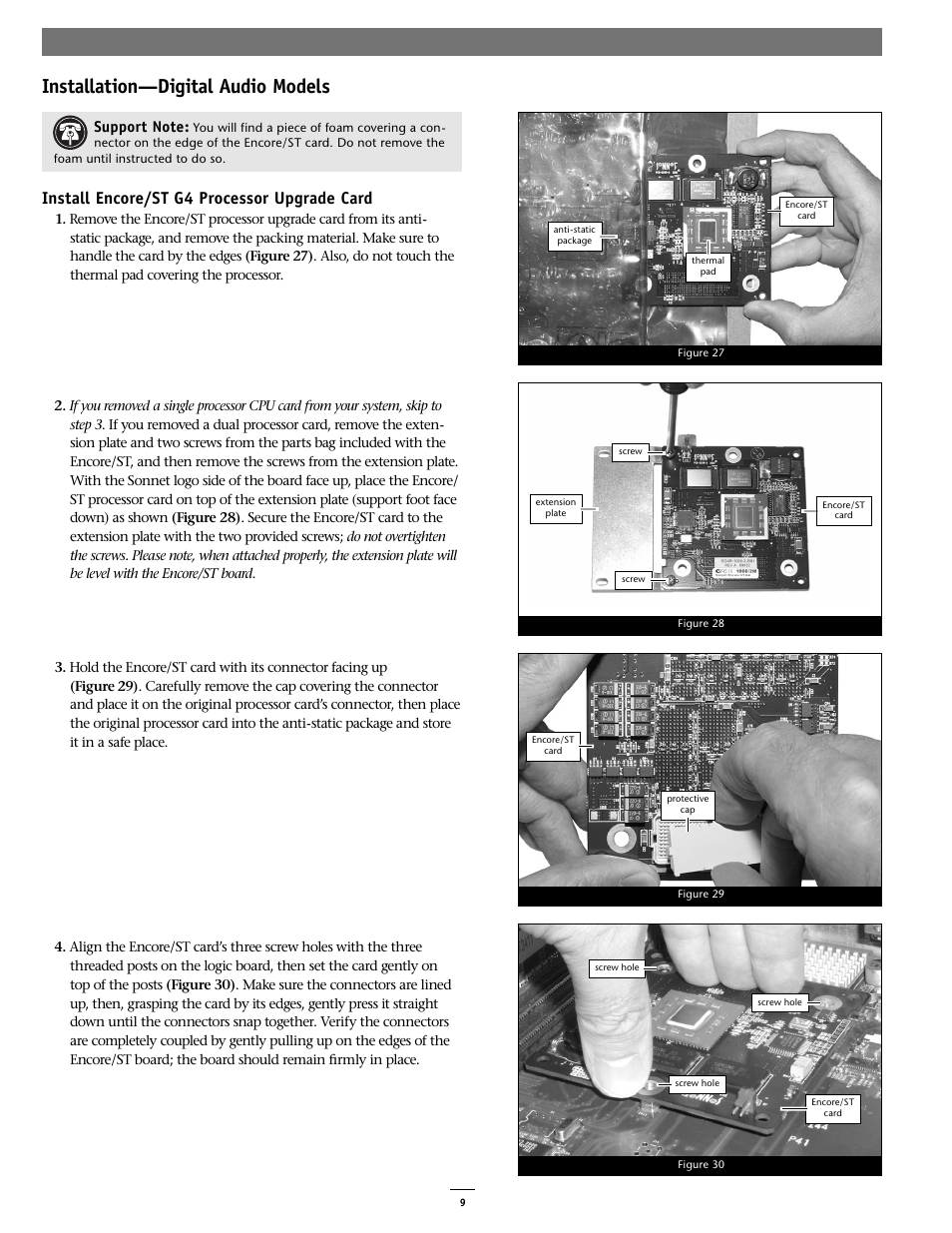 Installation—digital audio models, Install encore/st g4 processor upgrade card | Sonnet Technologies Encore_ST G4 (With No Heatsink) Processor Upgrade Card User Manual | Page 9 / 16