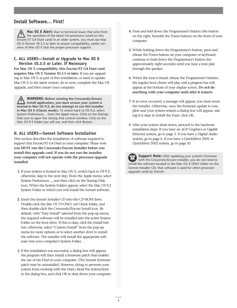 Install software… first | Sonnet Technologies Encore_ST G4 Duet 1.7 GHz Processor Upgrade Card User Manual | Page 4 / 15