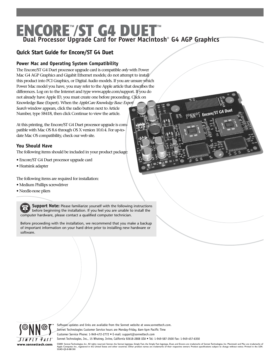 Sonnet Technologies Encore_ST G4 Duet (With No Heatsink) Processor Upgrade Card User Manual | 5 pages
