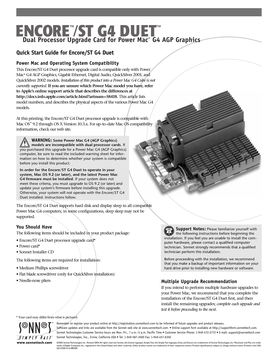 Sonnet Technologies Encore_ST G4 Duet 1.4 GHz or Slower Processor Upgrade User Manual | 16 pages