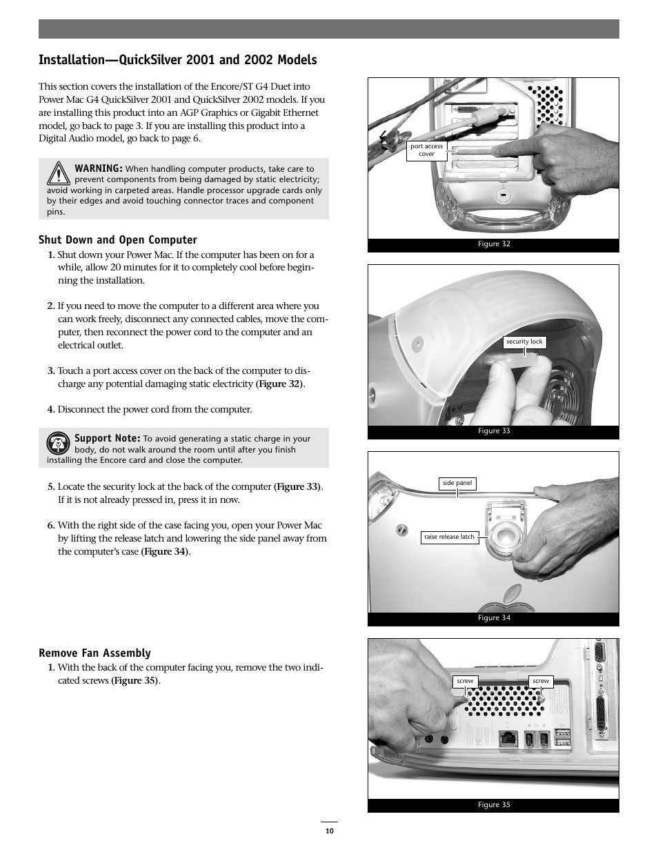 Shut down and open computer, Remove fan assembly | Sonnet Technologies Encore_ST G4 Duet 1.4 GHz or Slower Processor Upgrade User Manual | Page 12 / 16
