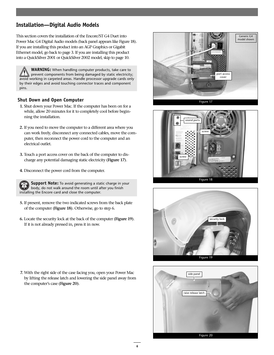 Installation—digital audio models, Shut down and open computer | Sonnet Technologies Encore_ST G4 Duet 1.4 GHz or Slower Processor Upgrade User Manual | Page 8 / 16