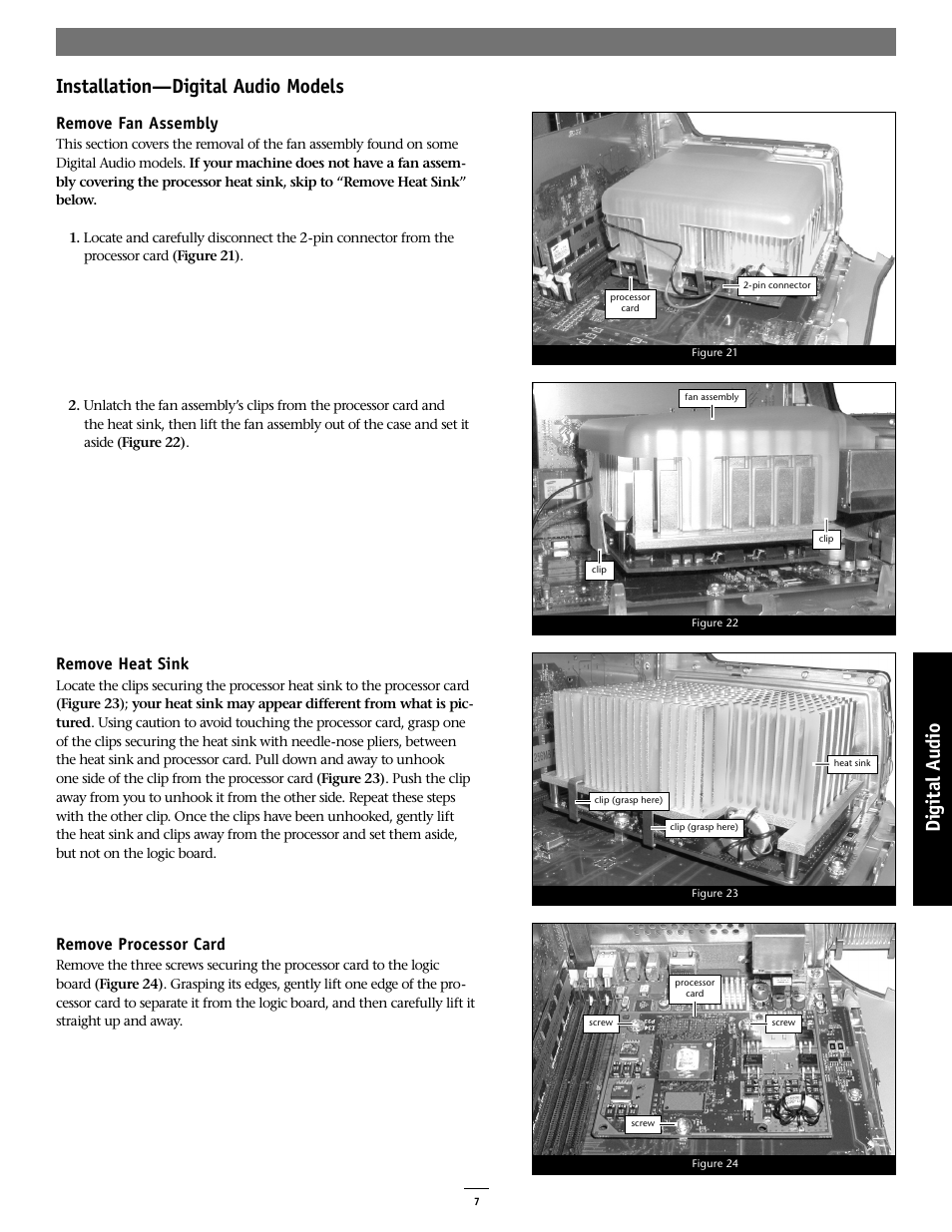 Installation—digital audio models, Remove fan assembly, Remove heat sink | Remove processor card | Sonnet Technologies Encore_ST G4 Duet 1.4 GHz or Slower Processor Upgrade User Manual | Page 9 / 16