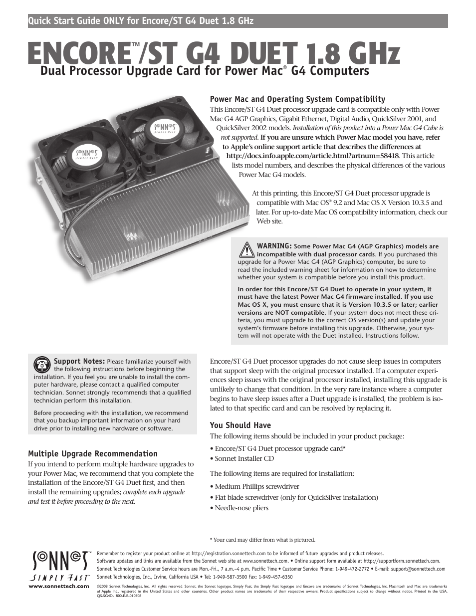 Sonnet Technologies Encore_ST G4 Duet 1.8 GHz Processor Upgrade Card User Manual | 15 pages