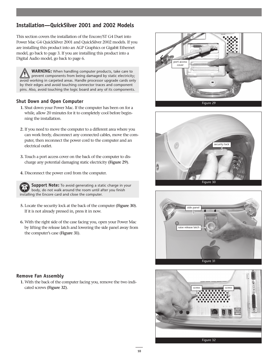 Shut down and open computer, Remove fan assembly | Sonnet Technologies Encore_ST G4 Duet 1.8 GHz Processor Upgrade Card User Manual | Page 12 / 15