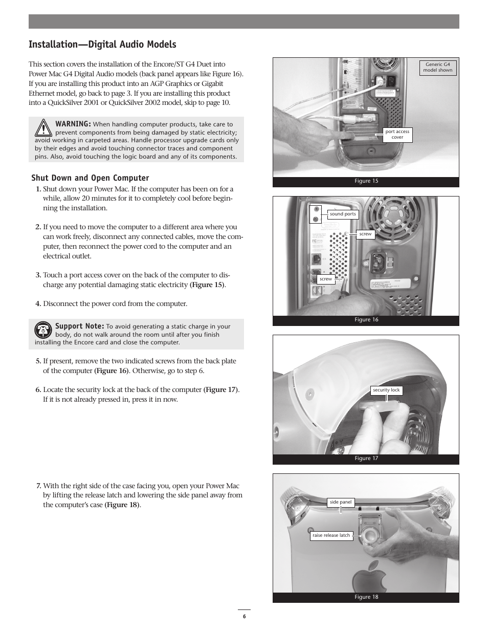 Installation—digital audio models, Shut down and open computer | Sonnet Technologies Encore_ST G4 Duet 1.8 GHz Processor Upgrade Card User Manual | Page 8 / 15