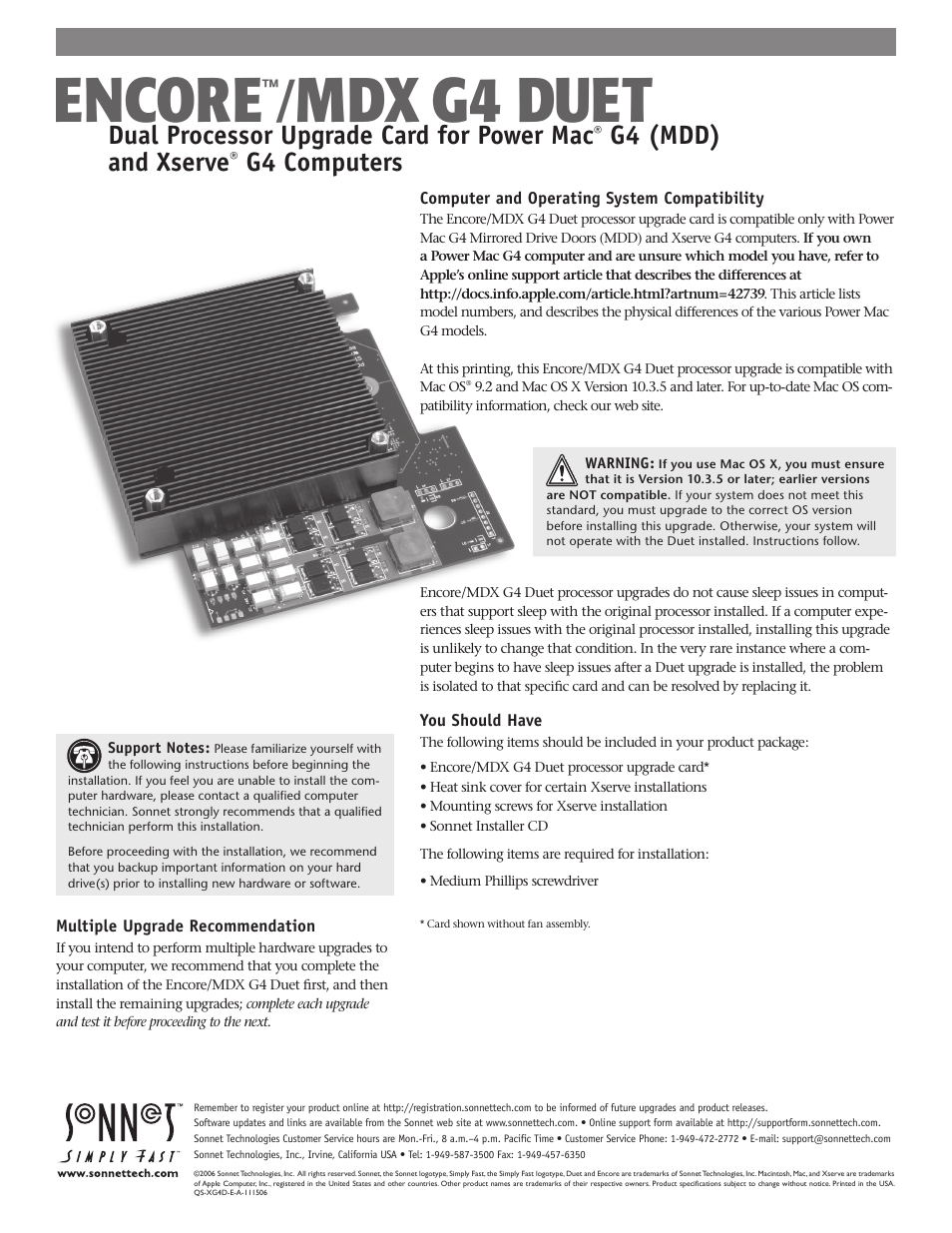 Sonnet Technologies Encore_MDX G4 Duet Dual Processor Upgrade Card User Manual | 14 pages