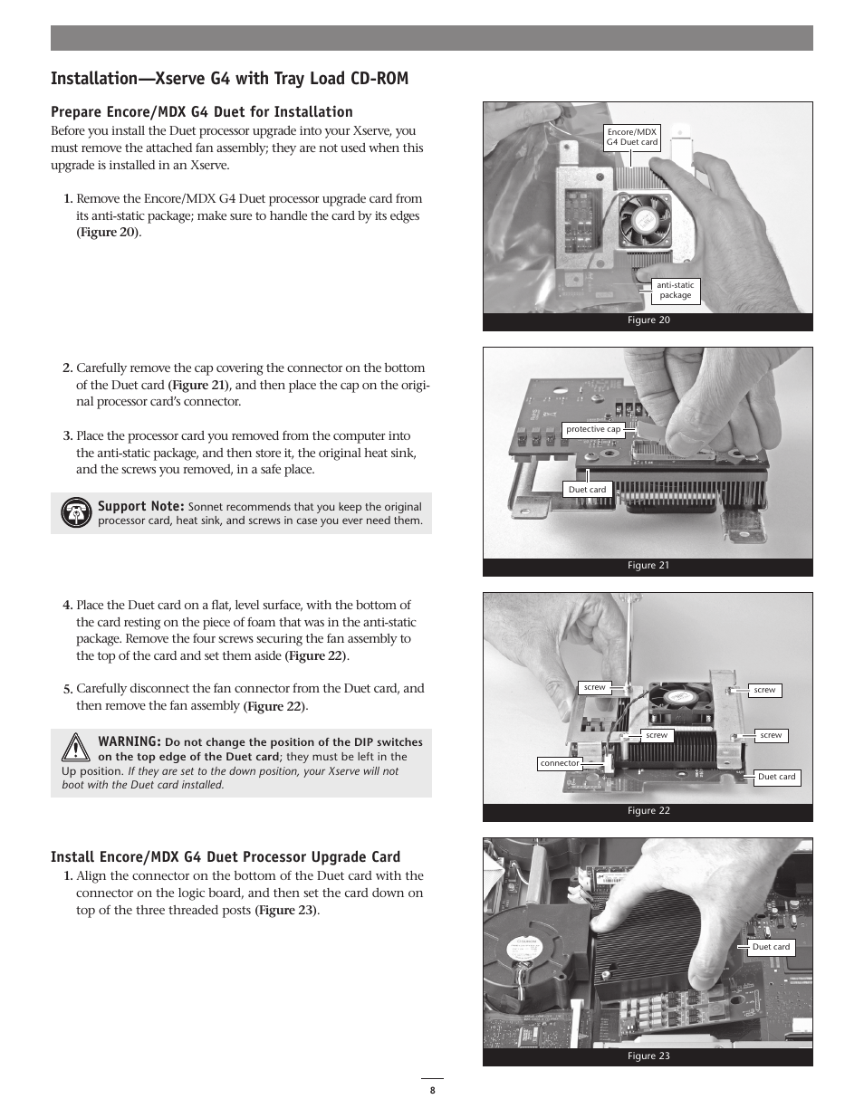 Installation—xserve g4 with tray load cd-rom, Prepare encore/mdx g4 duet for installation, Install encore/mdx g4 duet processor upgrade card | Sonnet Technologies Encore_MDX G4 Duet Dual Processor Upgrade Card User Manual | Page 10 / 14