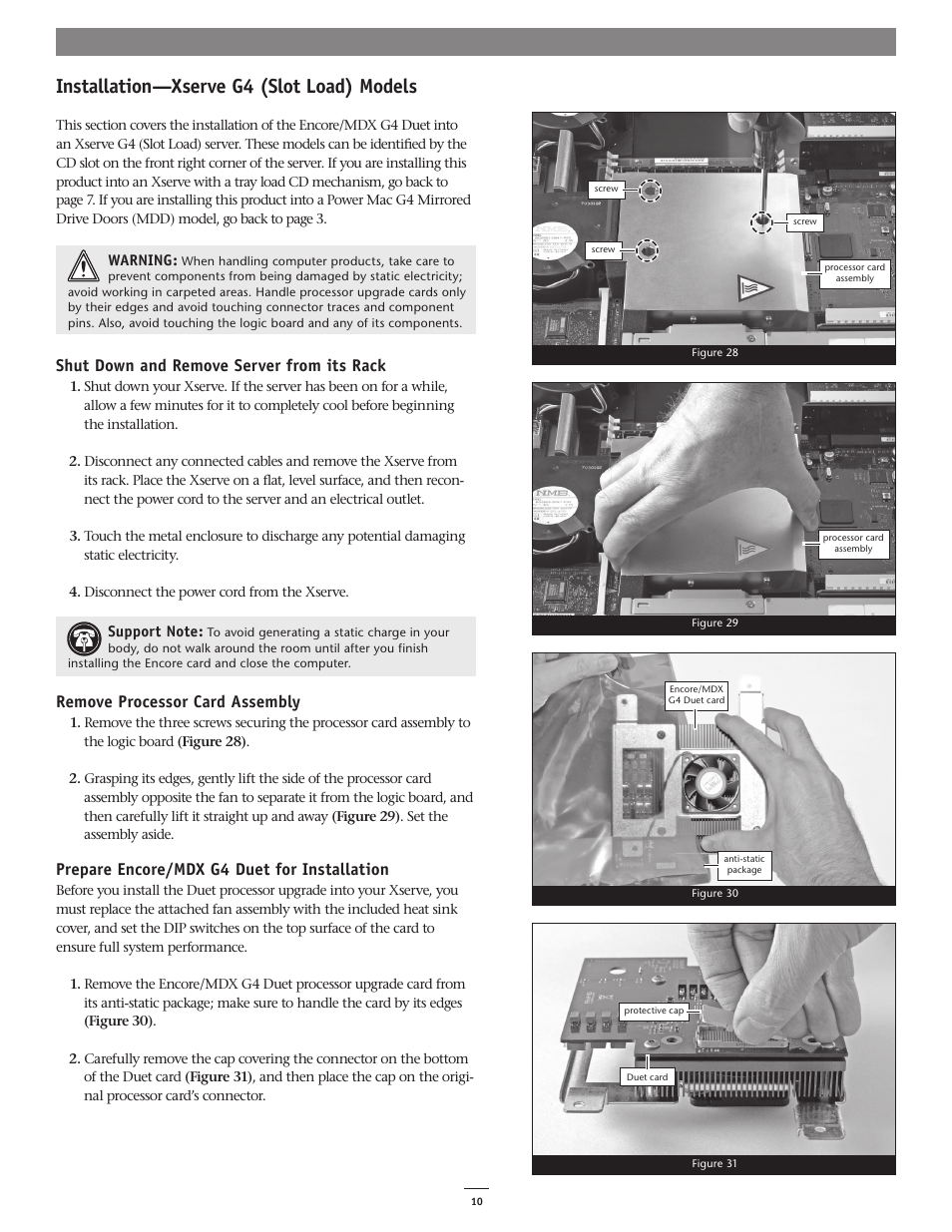 Installation—xserve g4 (slot load) models, Shut down and remove server from its rack, Remove processor card assembly | Prepare encore/mdx g4 duet for installation | Sonnet Technologies Encore_MDX G4 Duet Dual Processor Upgrade Card User Manual | Page 12 / 14