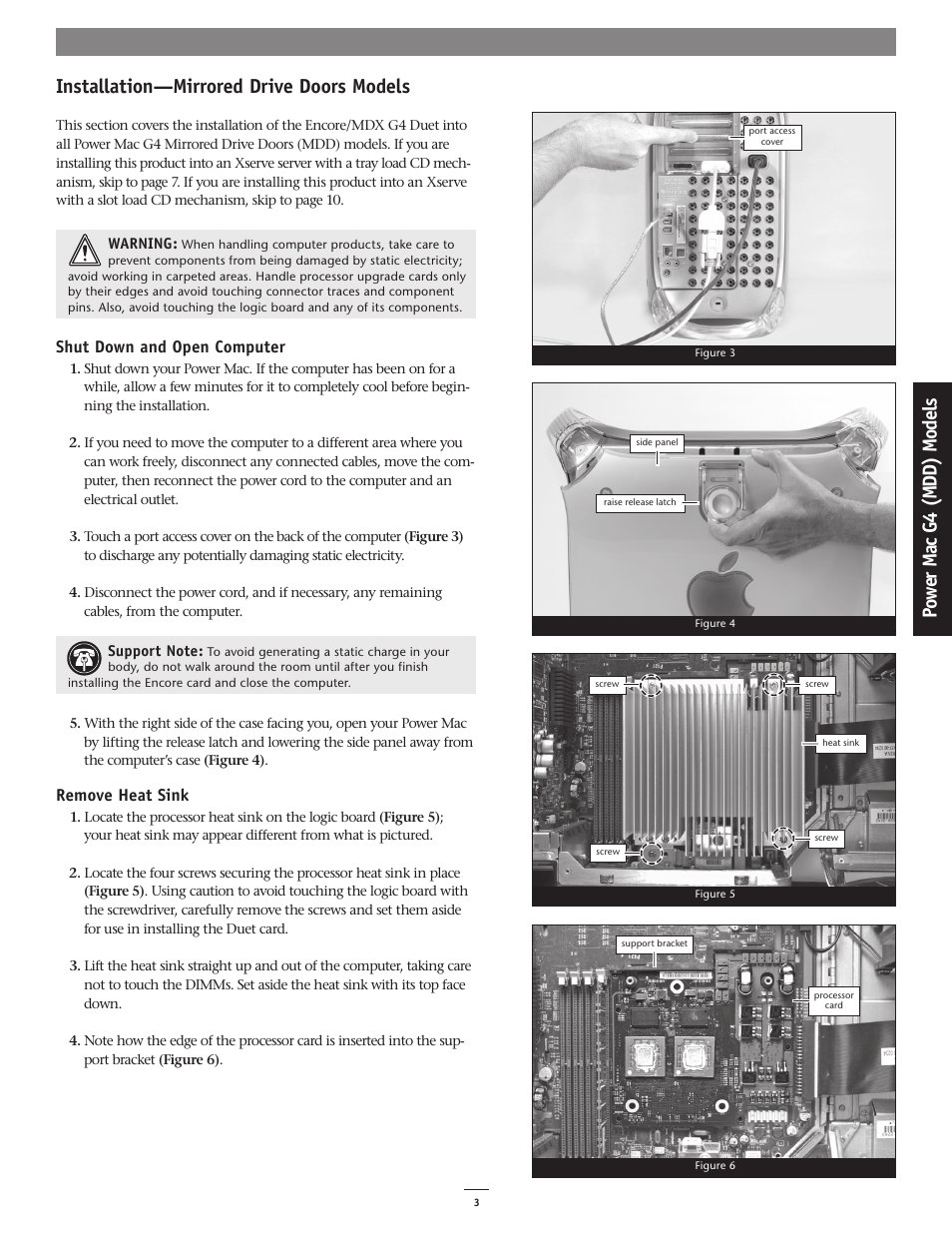 Installation—mirrored drive doors models, Po we r m ac g 4 (m dd ) m od el s | Sonnet Technologies Encore_MDX G4 Duet Dual Processor Upgrade Card User Manual | Page 5 / 14