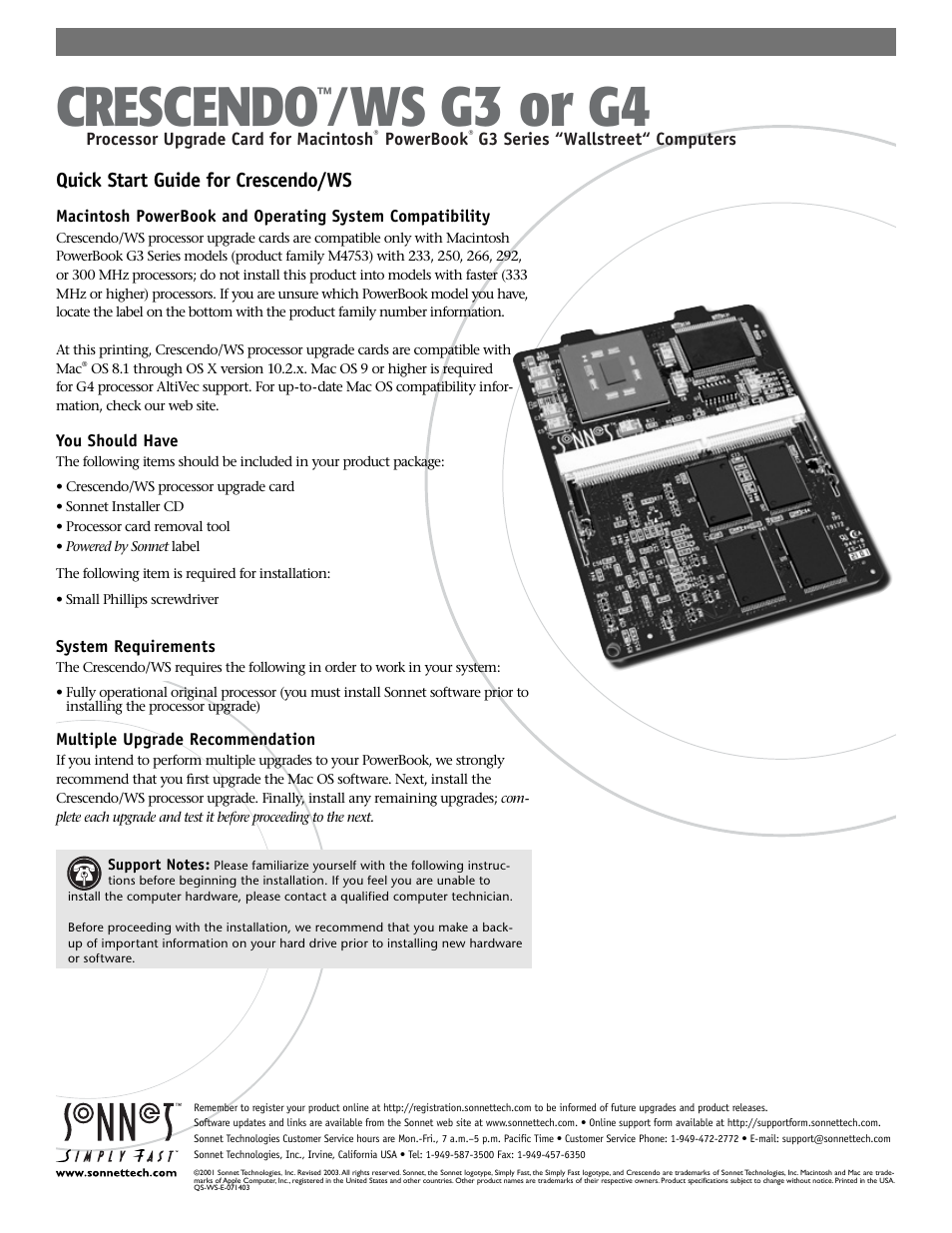 Sonnet Technologies Crescendo_WS Processor Upgrade Card User Manual | 10 pages