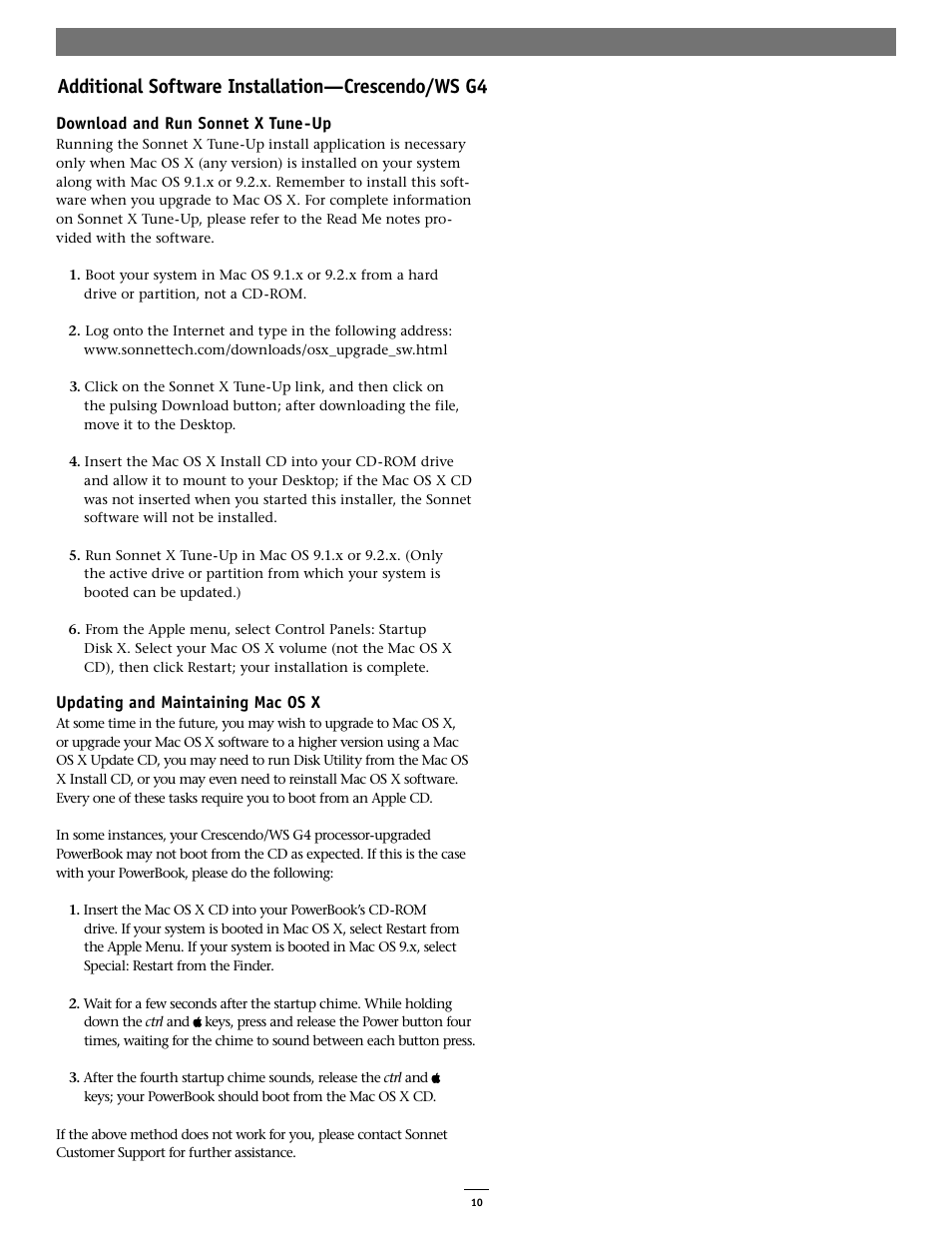 Additional software installation—crescendo/ws g4 | Sonnet Technologies Crescendo_WS Processor Upgrade Card User Manual | Page 10 / 10
