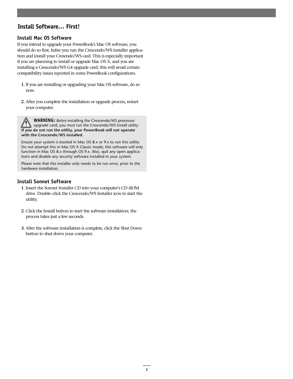 Install software… first | Sonnet Technologies Crescendo_WS Processor Upgrade Card User Manual | Page 2 / 10