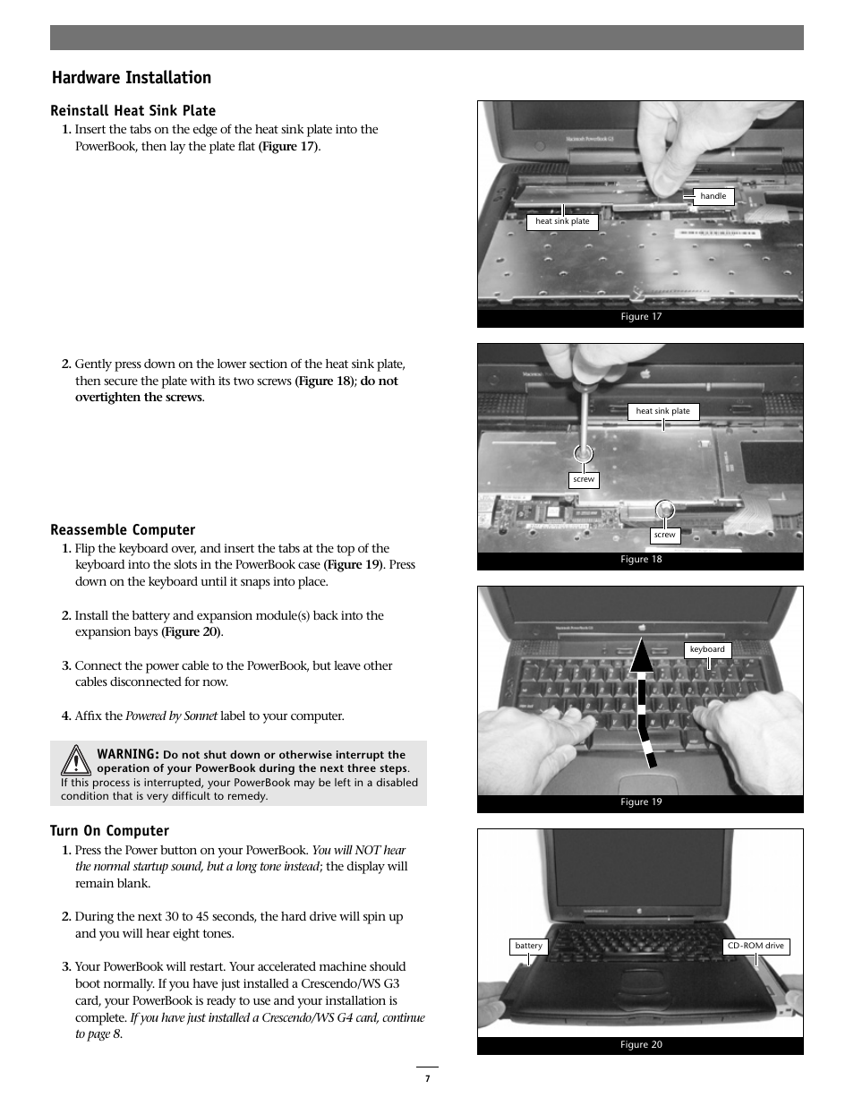 Hardware installation, Reinstall heat sink plate, Reassemble computer | Turn on computer | Sonnet Technologies Crescendo_WS Processor Upgrade Card User Manual | Page 7 / 10