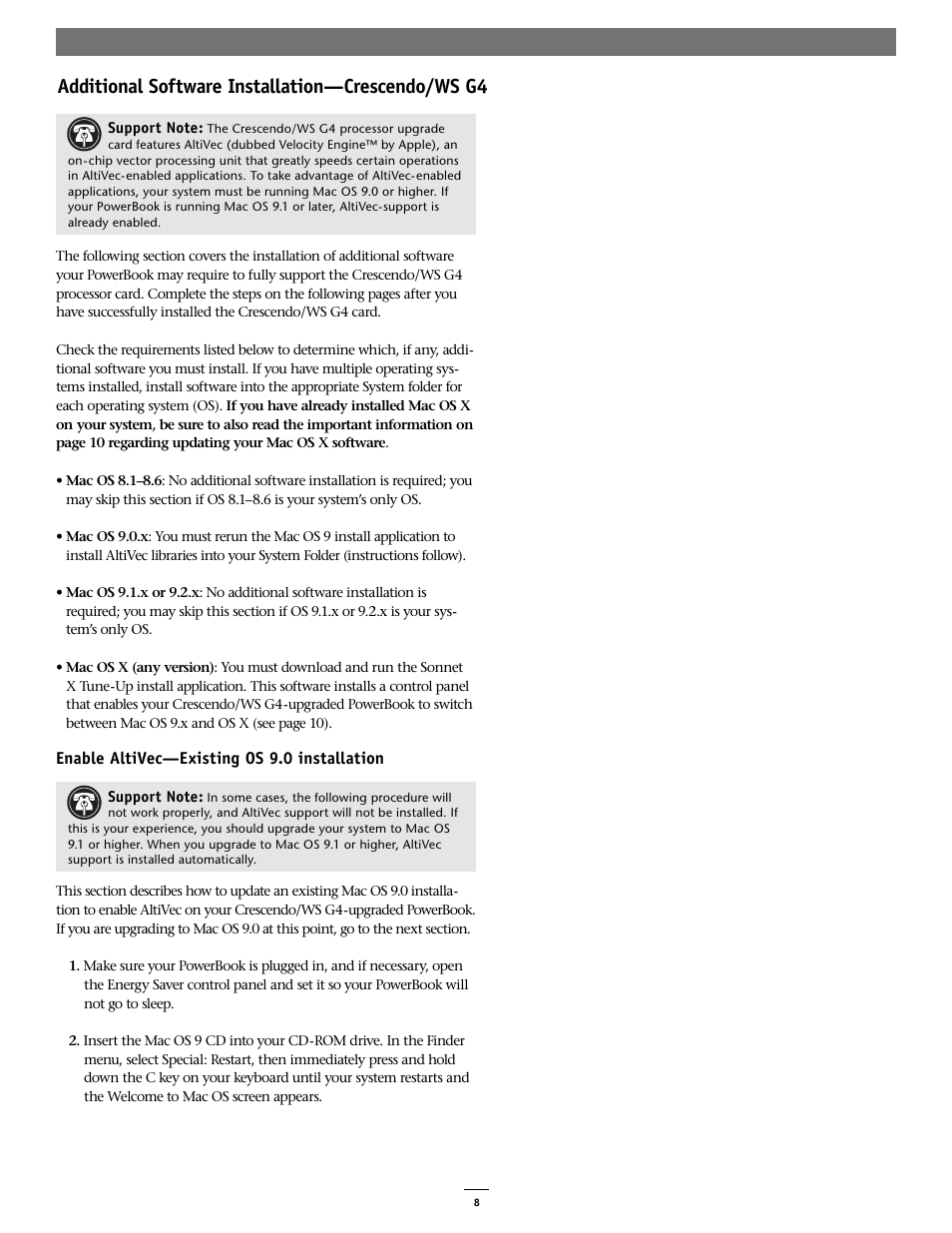 Additional software installation—crescendo/ws g4 | Sonnet Technologies Crescendo_WS Processor Upgrade Card User Manual | Page 8 / 10