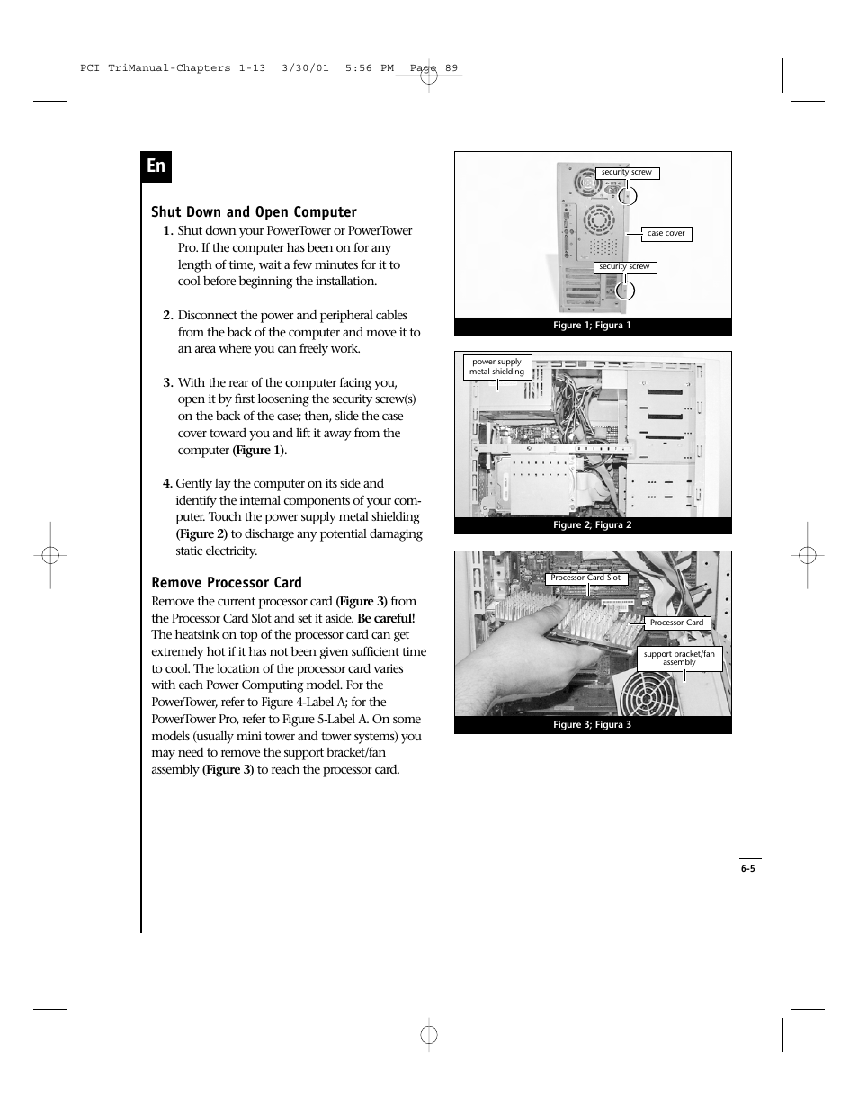 Shut down and open computer, Remove processor card | Sonnet Technologies Crescendo_PCI Processor Upgrade Card User Manual | Page 107 / 179