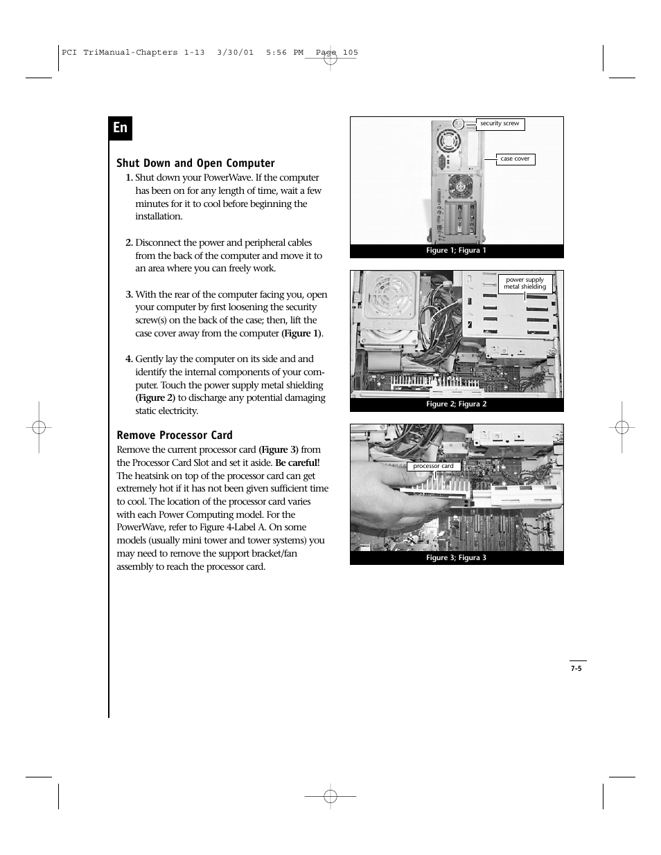 Shut down and open computer, Remove processor card | Sonnet Technologies Crescendo_PCI Processor Upgrade Card User Manual | Page 123 / 179