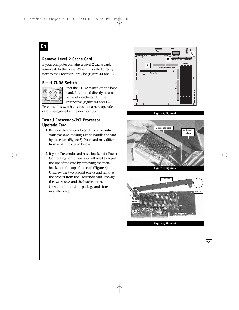 Remove level 2 cache card, Reset cuda switch, Install crescendo/pci processor upgrade card | Sonnet Technologies Crescendo_PCI Processor Upgrade Card User Manual | Page 125 / 179