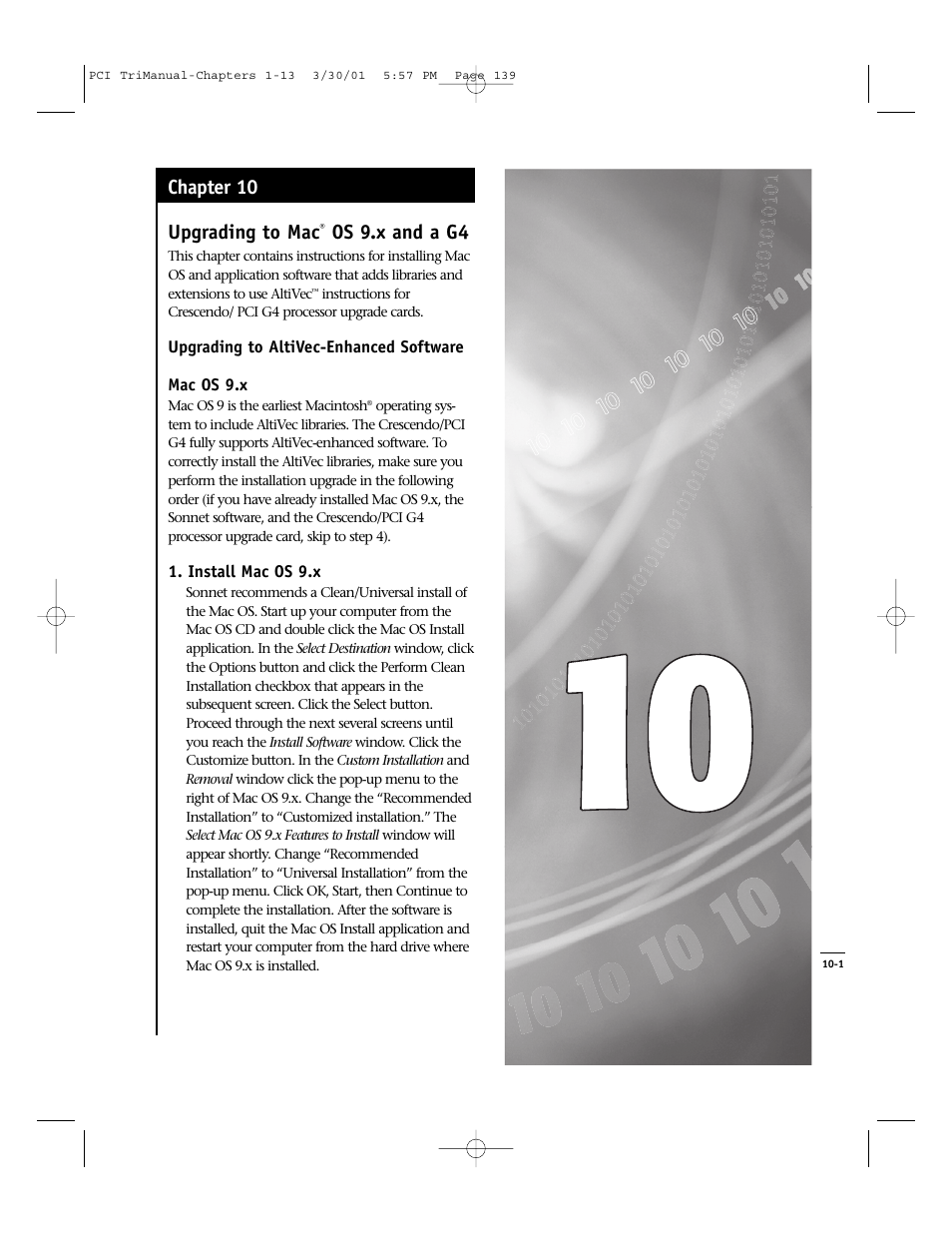 Upgrading to mac, Os 9.x and a g4, Chapter 10 | Sonnet Technologies Crescendo_PCI Processor Upgrade Card User Manual | Page 157 / 179