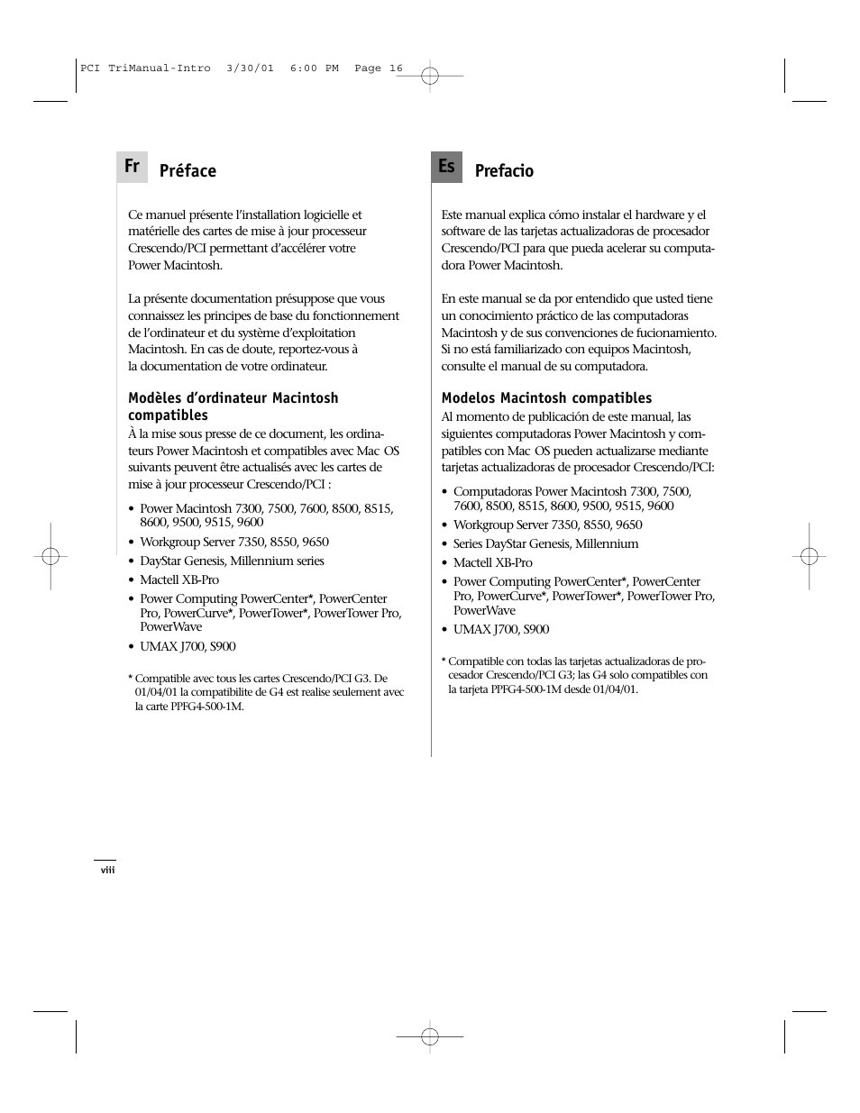 Es fr, Prefacio préface | Sonnet Technologies Crescendo_PCI Processor Upgrade Card User Manual | Page 16 / 179