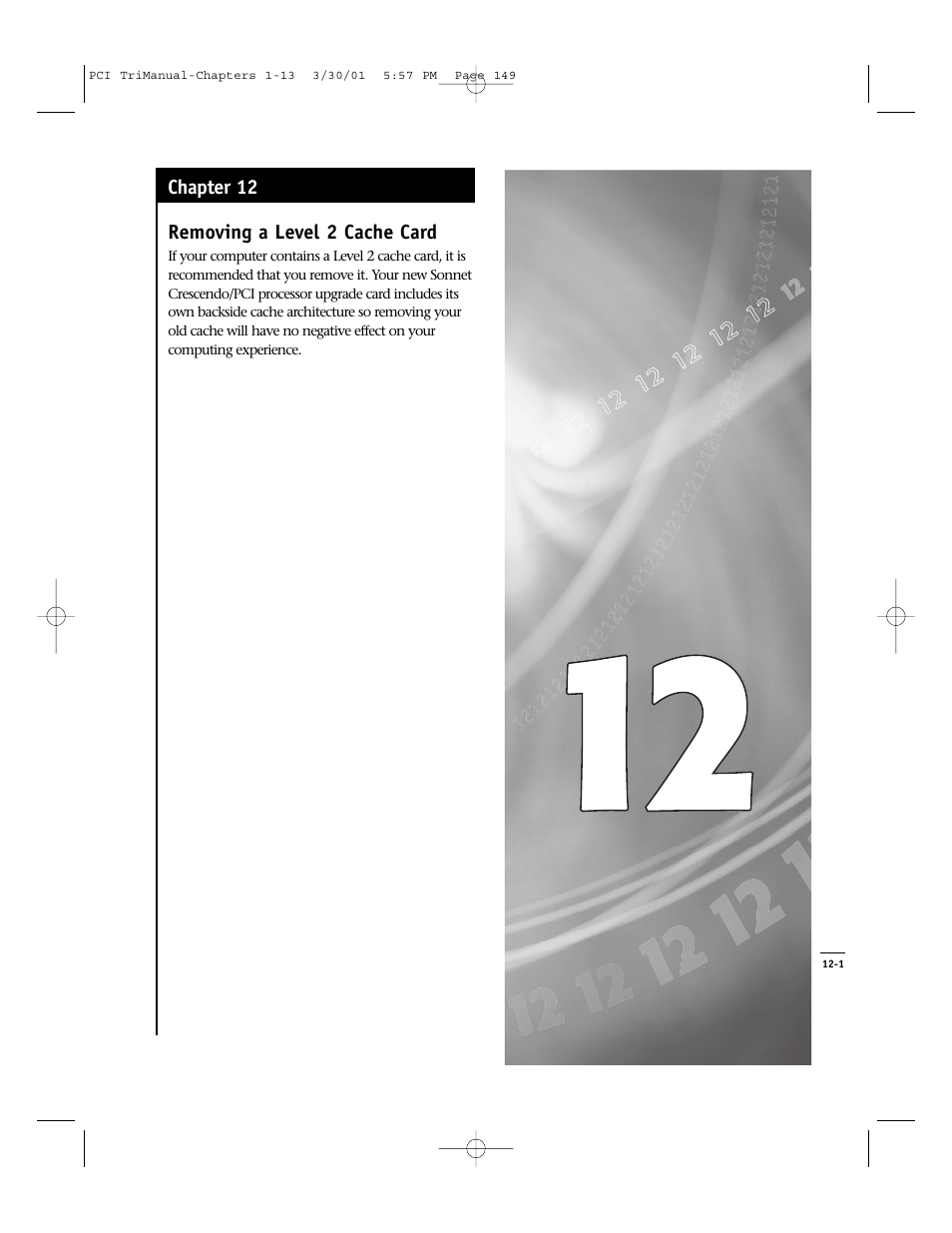 Removing a level 2 cache card, Chapter 12 | Sonnet Technologies Crescendo_PCI Processor Upgrade Card User Manual | Page 167 / 179