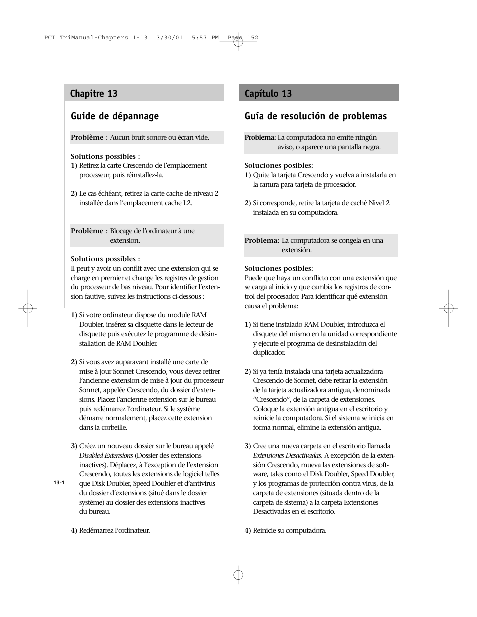 Guide de dépannage, Guía de resolución de problemas, Chapitre 13 capítulo 13 | Sonnet Technologies Crescendo_PCI Processor Upgrade Card User Manual | Page 170 / 179