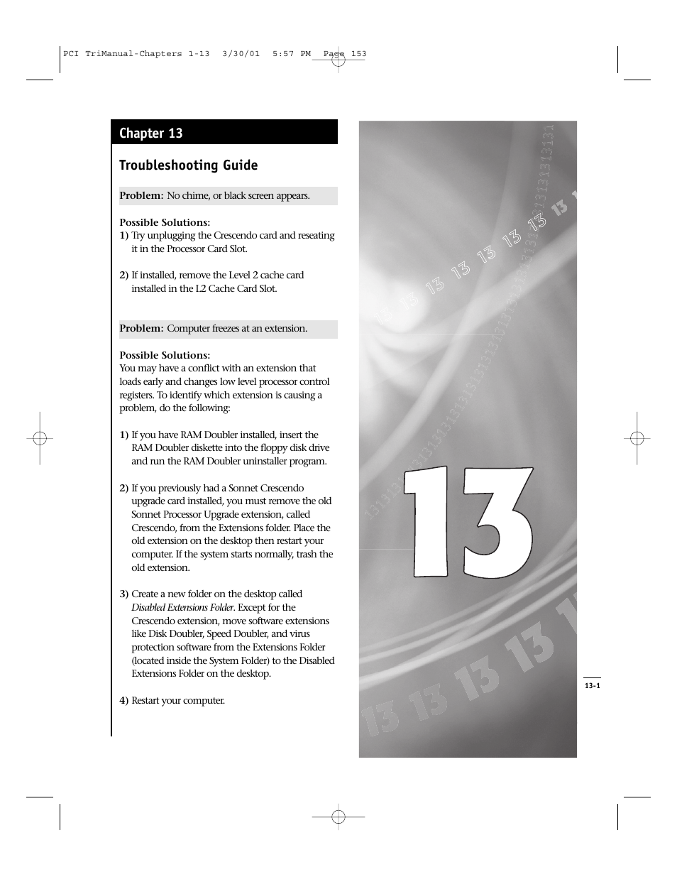 Troubleshooting guide, Chapter 13 | Sonnet Technologies Crescendo_PCI Processor Upgrade Card User Manual | Page 171 / 179