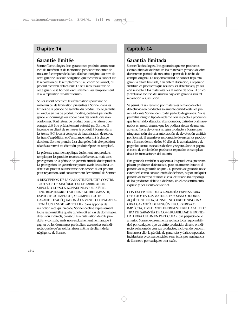 Garantie limitée, Garantía limitada, Chapitre 14 capítulo 14 | Sonnet Technologies Crescendo_PCI Processor Upgrade Card User Manual | Page 176 / 179