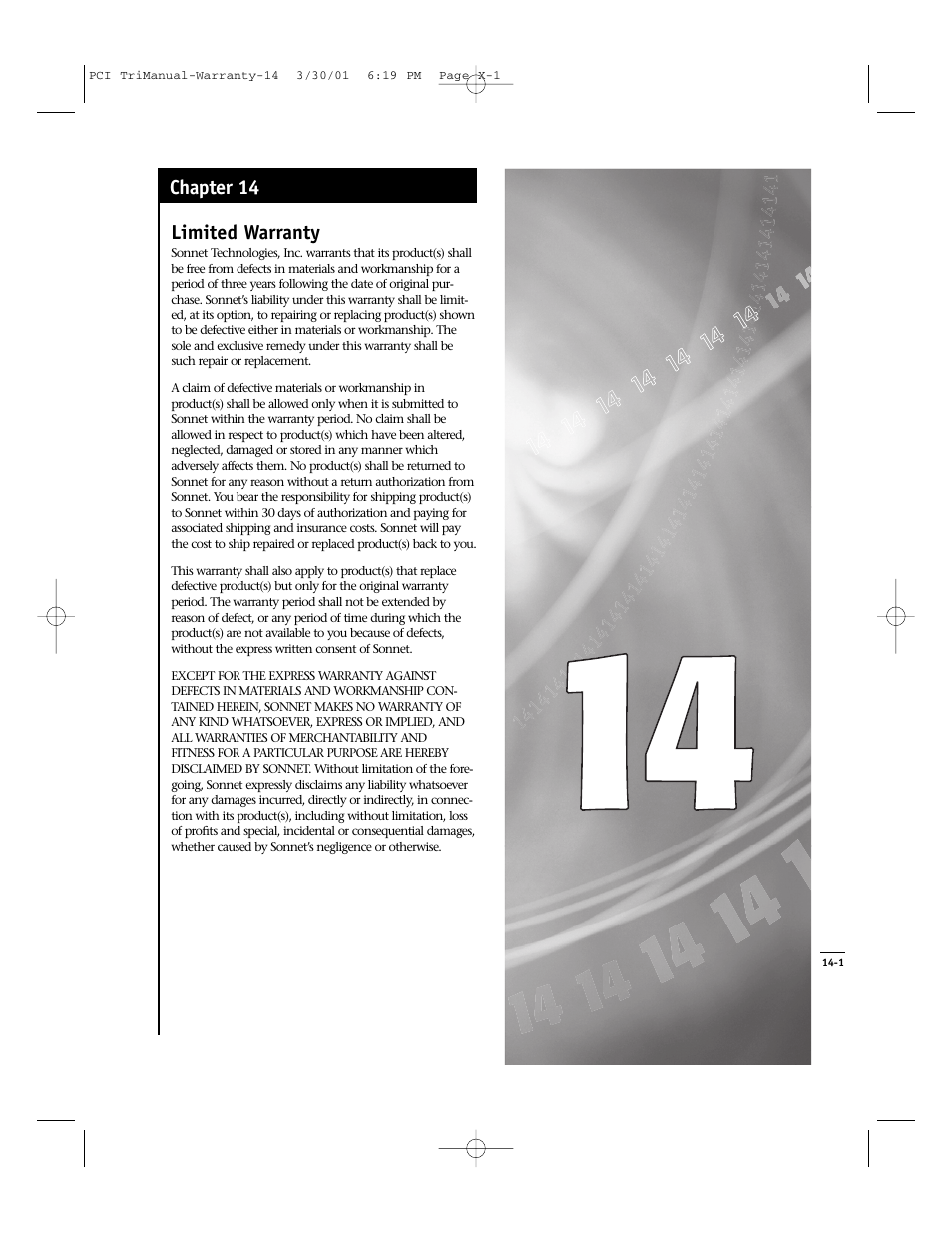 Limited warranty, Chapter 14 | Sonnet Technologies Crescendo_PCI Processor Upgrade Card User Manual | Page 177 / 179
