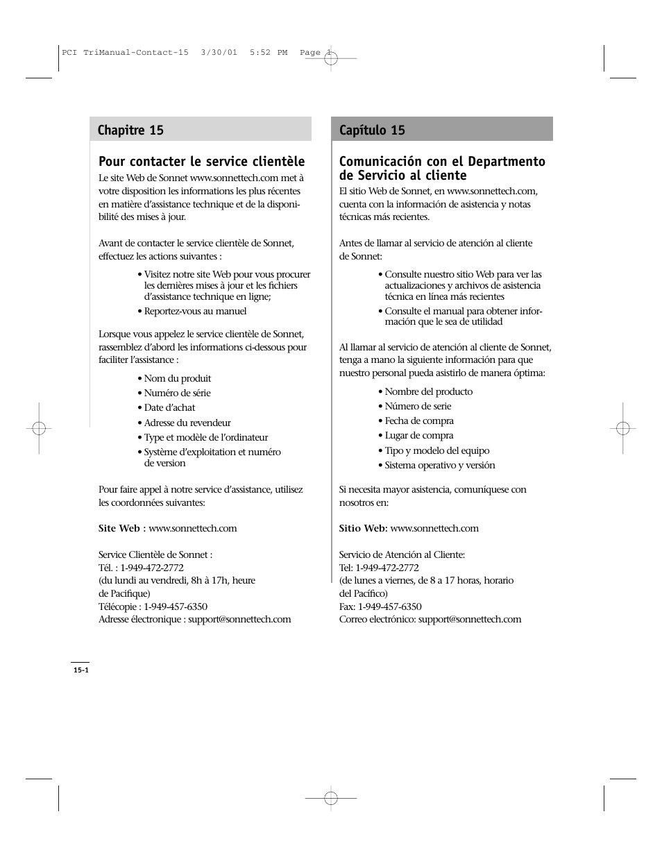 Pour contacter le service clientèle, Chapitre 15 capítulo 15 | Sonnet Technologies Crescendo_PCI Processor Upgrade Card User Manual | Page 178 / 179