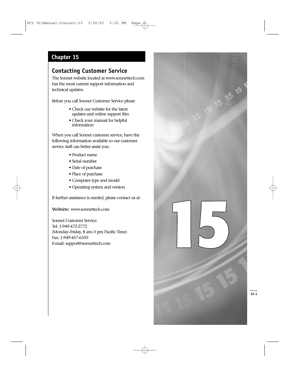 Contacting customer service, Chapter 15 | Sonnet Technologies Crescendo_PCI Processor Upgrade Card User Manual | Page 179 / 179