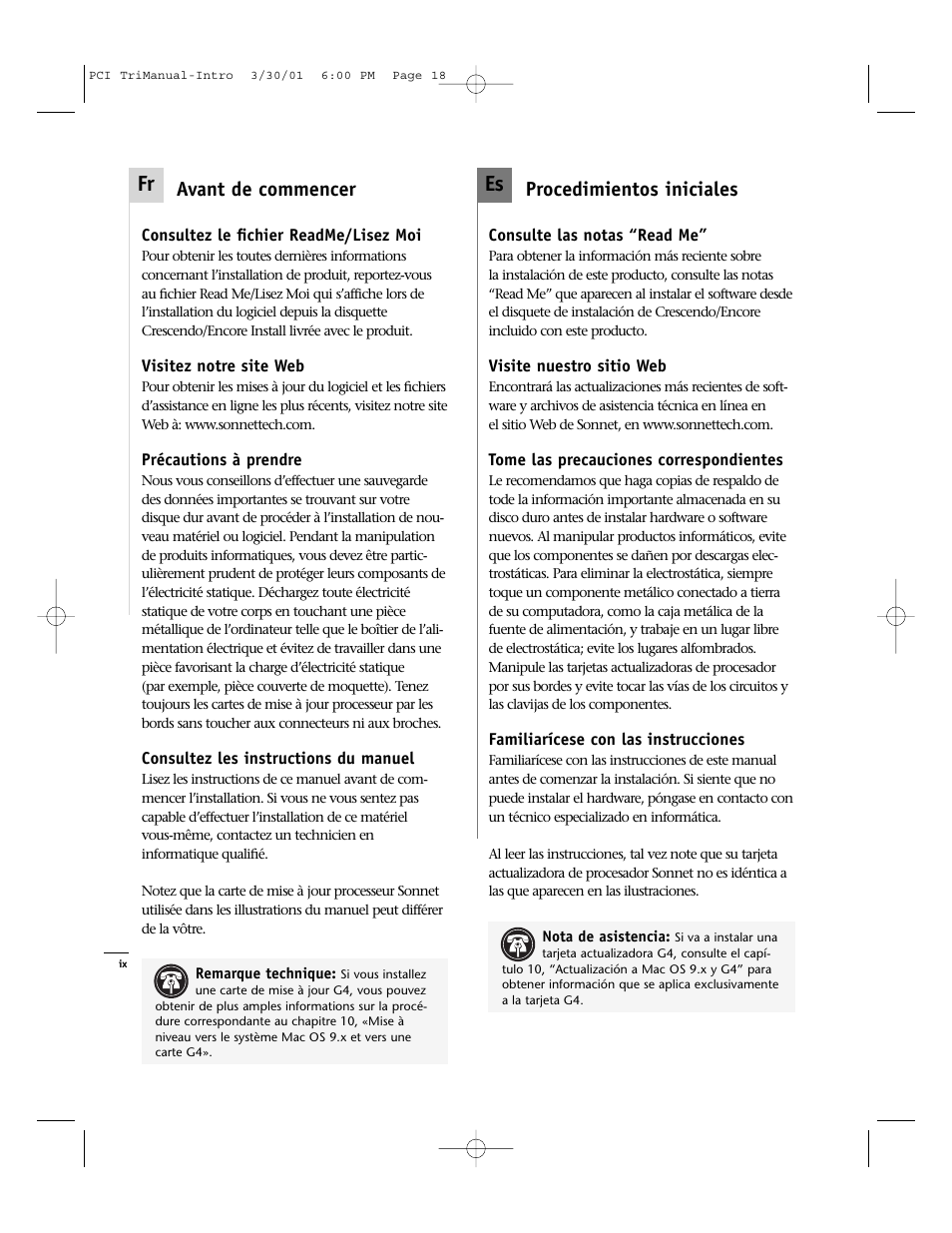 Es fr, Procedimientos iniciales avant de commencer | Sonnet Technologies Crescendo_PCI Processor Upgrade Card User Manual | Page 18 / 179