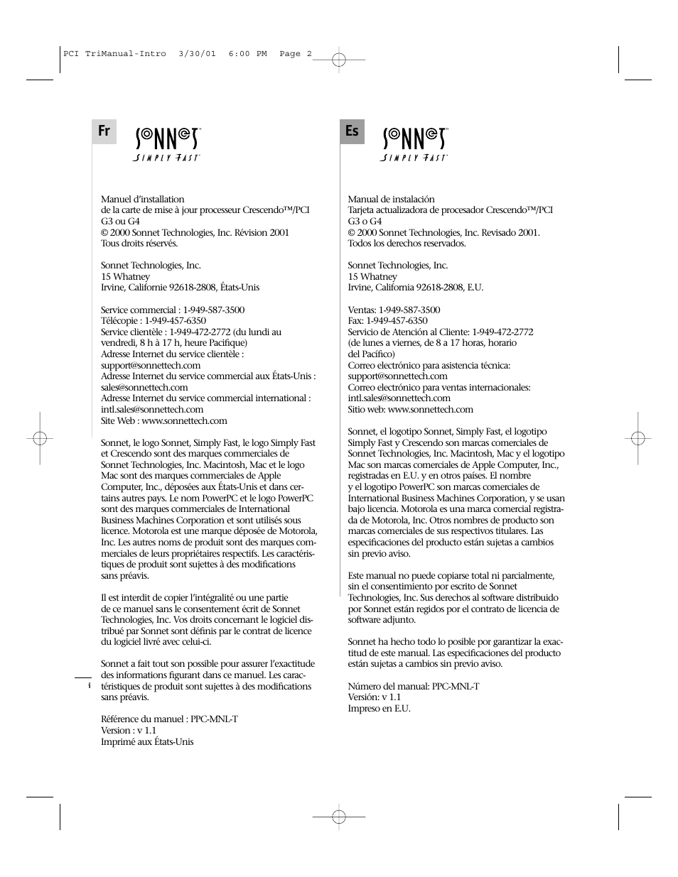 Es fr | Sonnet Technologies Crescendo_PCI Processor Upgrade Card User Manual | Page 2 / 179